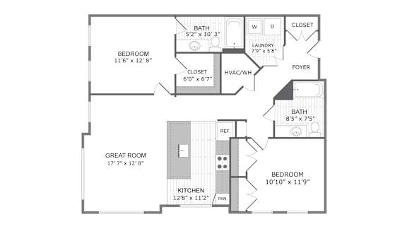 C2 2 bed 2 bath floor plan at Dartmoor Place at Oxford Square Apartments, Hanover, Maryland
