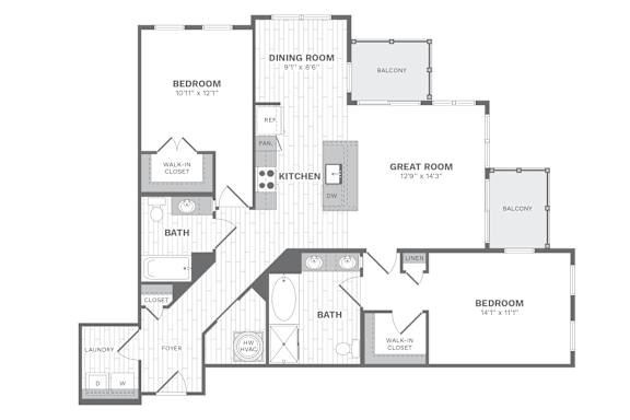 C3 2 bed 2 bath floor plan at Dartmoor Place at Oxford Square Apartments, Hanover, MD