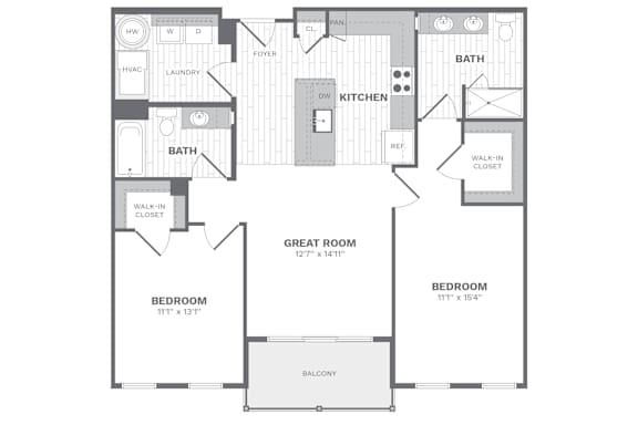 D1 2 bed 2 bath floor plan at Dartmoor Place at Oxford Square Apartments, Hanover, 21076