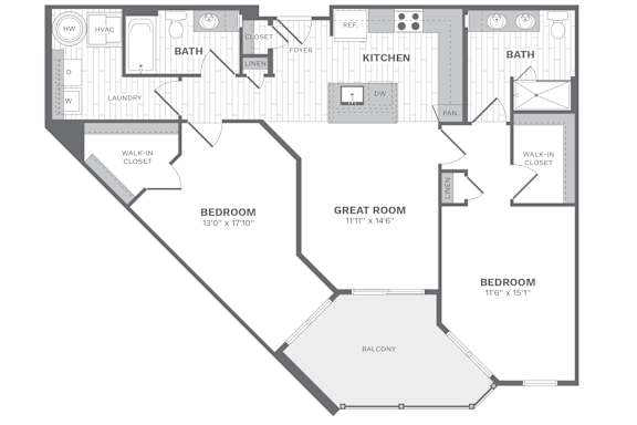 E 2 bed 2 bath Floor plan at Dartmoor Place at Oxford Square Apartments, Hanover, Maryland