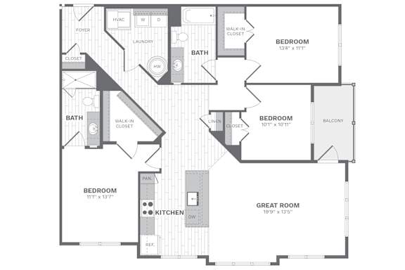 F1 3 bed 2 bath bath floor plan at Dartmoor Place at Oxford Square Apartments, Hanover, MD