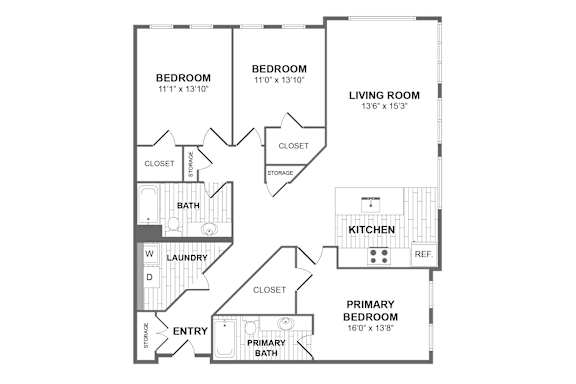 A floor plan of a home with two bedrooms, a living room, a kitchen, a laundry room, and an entry.