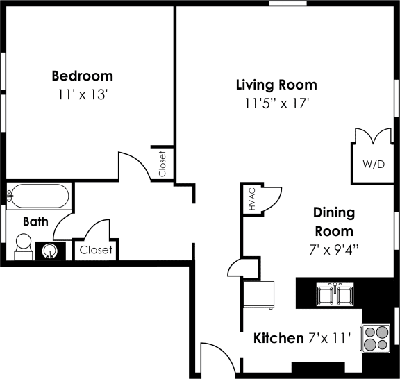 1 Bedroom 1 Bath Flat Floor Plan at Donnybrook Apartments, Towson
