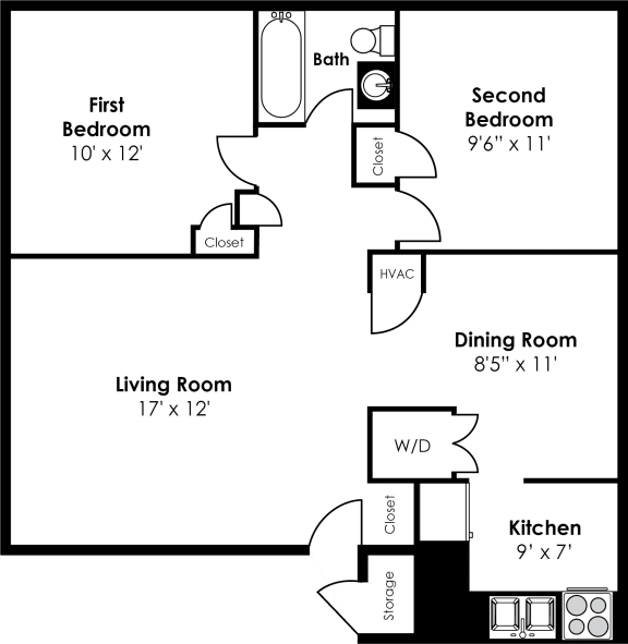 2 bed 1 bath 698sf Floorplan at Donnybrook Apartments, Towson, 21286