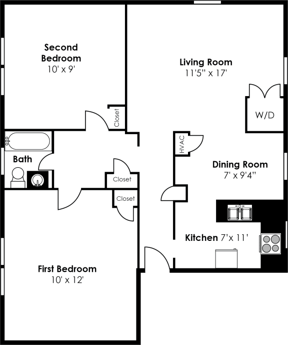 2 bed 1 bath 883sf Floorplan at Donnybrook Apartments, Towson, MD, 21286