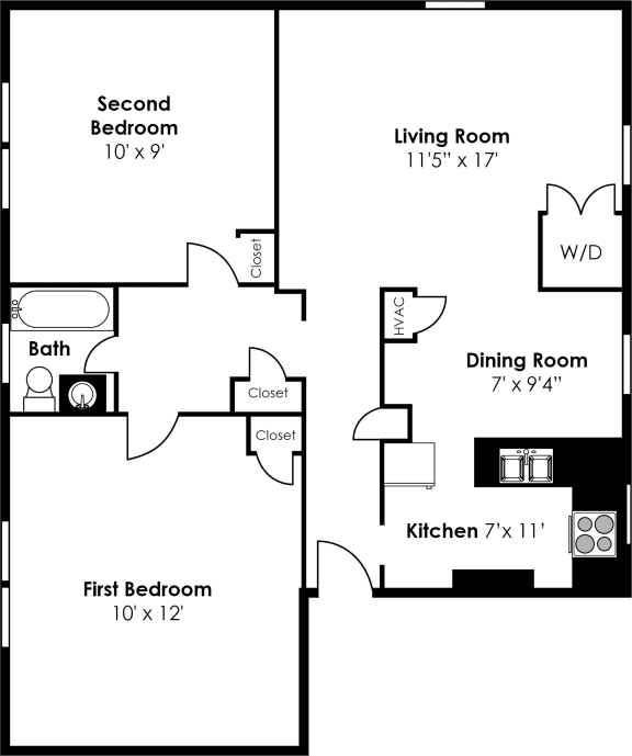 2 bed 1 bath 883sf Floor Plan at Donnybrook Apartments, Maryland, 21286