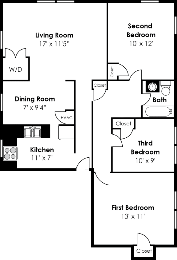 2 bed 1 bath 962sf Floor Plan at Donnybrook Apartments, Towson