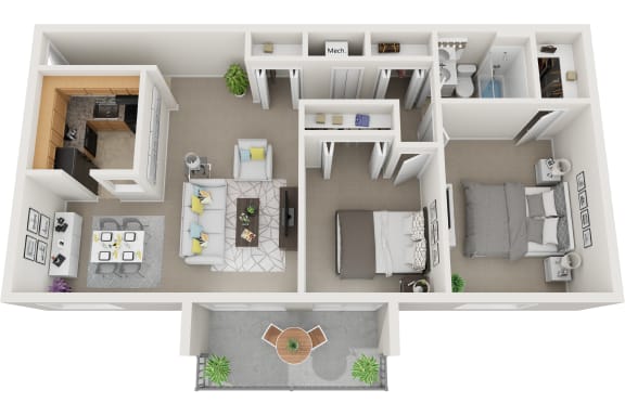 2 bedroom 1 bath non renovated floor plan at Doncaster Village Apartments, Parkville