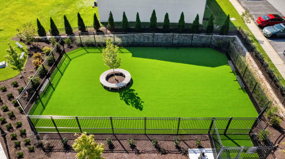 an aerial view of a dog park with green grass and a fountain at Courthouse Square Apartments, Towson, MD