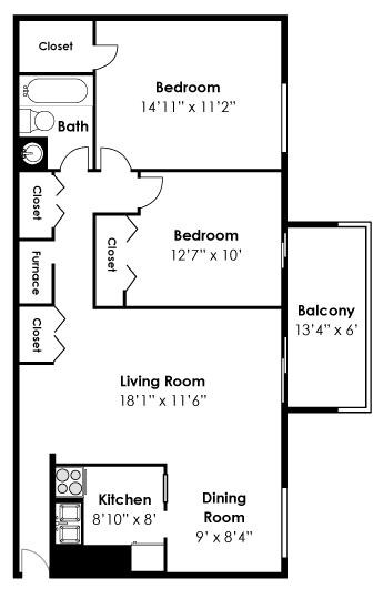 2 bedroom floor plan at Doncaster Village Apartments, Maryland