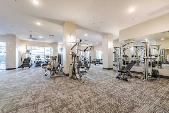 A spacious gym with a variety of equipment.
