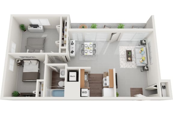 Non-Renovated 2 Bed 1 Bath 654 sf 3D Floor Plan at Falls Village Apartments, Baltimore, MD, 21209