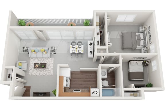 a floor plan of a two bedroom apartment with two bathrooms and a living room with a fireplace at Falls Village Apartments, Baltimore, Maryland