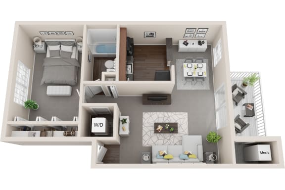 1 bed 1 bath, 735sf 3d floor plan  at Kenilworth at Charles Apartments, Towson