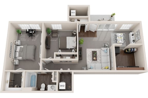 2 bed 1 bath with terrace, 723sf 3d floor plan  at Kenilworth at Charles Apartments, Maryland, 21204