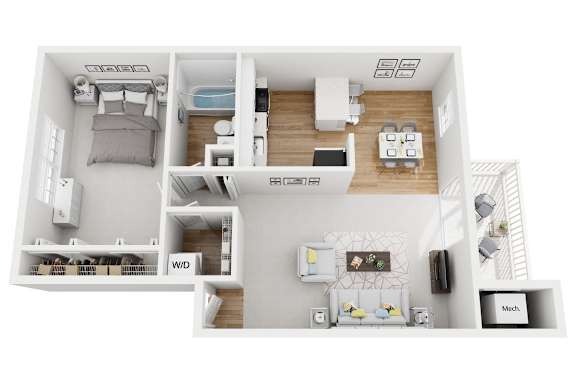 A floor plan of an apartment with a kitchen, living room, and bedrooms.