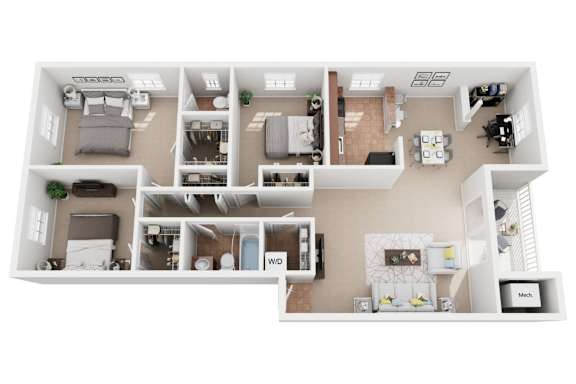 3 Bed 1.5 Bath Floor Plan at Kenilworth at Perring Park Apartments, Parkville, MD, 21234