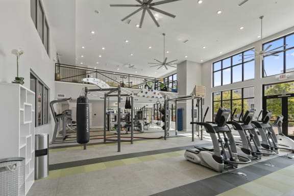 a gym with treadmills and weights in a building with large windows at Central Island Square, Daniel Island