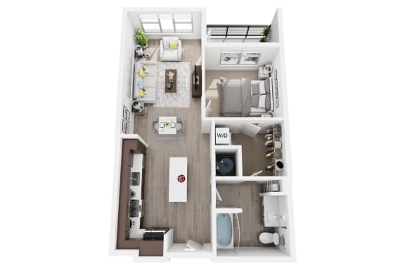 1 bedroom 1 bath A2 floor plan at Millworks Apartments, Atlanta, GA