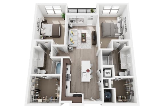3 bedroom floor plan of a 2100 sq ft apartment at Millworks Apartments, Atlanta, GA