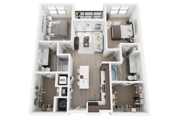 2 bedroom 2 bath B3A floor plan at Millworks Apartments, Atlanta, GA
