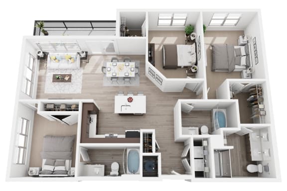 3 bedroom 3 bath C1 floor plan at Millworks Apartments, Atlanta, GA
