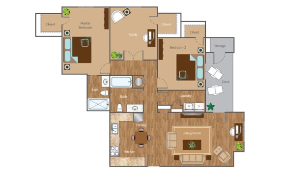 OCeanic 2 Bedroom 2 Bathroom  with Study Floor Plan at The Reserve at Mayfaire Apartments, Wilmington, 28405