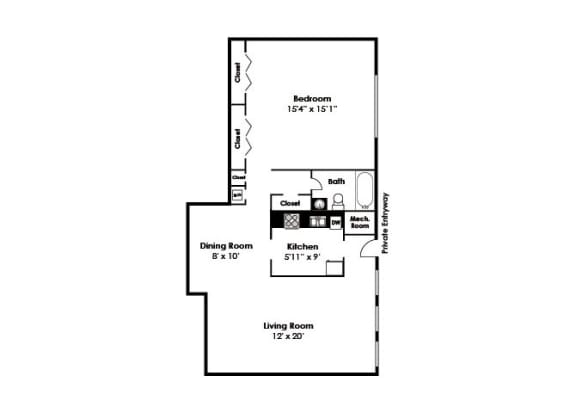 Floorplan for 1 bed 1 bath , at Brook View Apartments, Maryland, 21209