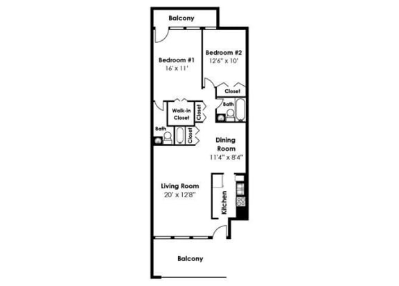 Floorplan for 2 bed 2 bath , at Brook View Apartments, 5921 Western Run Drive , Baltimore