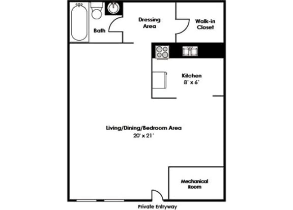 Studio Floorplan, at Brook View Apartments, Baltimore, 21209