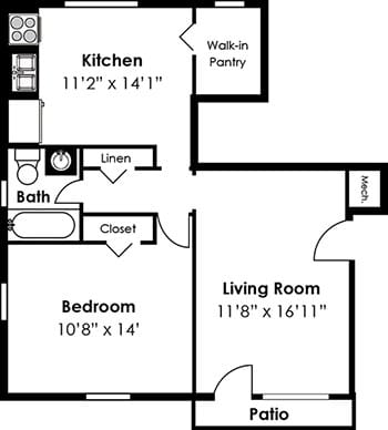 2D Floorplan for 1 bed 1 bath 652sf, at Cross Country Manor Apartments, Baltimore, MD