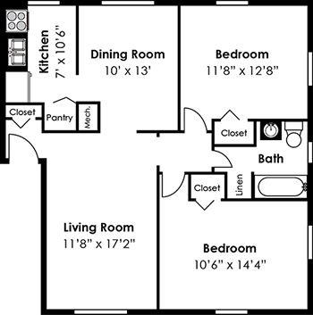 2D Floorplan for 2 bed 1bath 950sf, at Cross Country Manor Apartments, 21215, MD