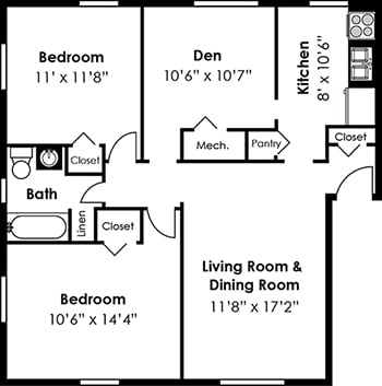 2D Floorplan for 2 bed 1 bath den 872sf, at Cross Country Manor Apartments, Baltimore, 21215
