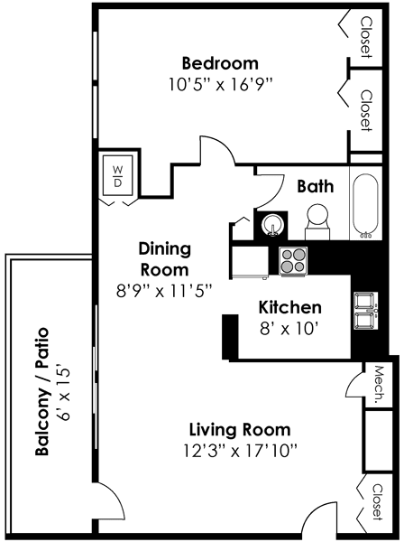 Floorplan for 1 bed 1 bath 673sf, at Kenilworth at Charles Apartments, 21204, MD