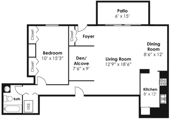Floorplan for 1 bed 1 bath 800sf, at Kenilworth at Charles Apartments, Towson, Maryland