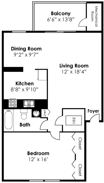 Floorplan for 1 bed 1 bath 735sf, at Kenilworth at Charles Apartments, 1149 Donington Circle, Towson