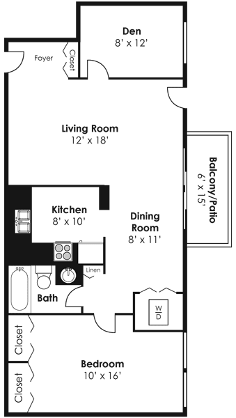 Floorplan for 1 bed 1 bath 861sf, at Kenilworth at Charles Apartments, 1149 Donington Circle, Towson