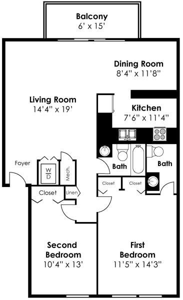 Floorplan for 2 bed 1.5 bath 962sf, at Kenilworth at Charles Apartments, Maryland, 21204
