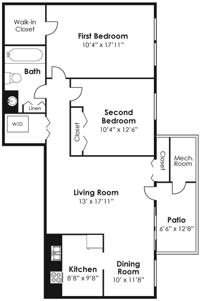 FLoorplan for 2 bed 1 bath 723sf, at Kenilworth at Charles Apartments, Towson, Maryland