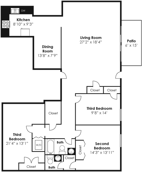 Floorplan for 3 bed 1.5 bath 1395sf, at Kenilworth at Charles Apartments, Towson, 21204