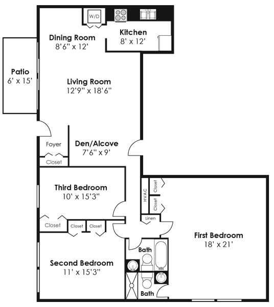 Floorplan for 3 bed 2 bath 1437sf, at Kenilworth at Charles Apartments, Towson, 21204