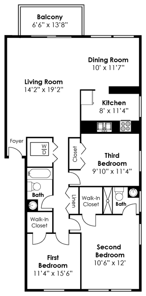 Floorplan for 3 bed 2 bath 1167sf, at Kenilworth at Charles Apartments, Towson, MD