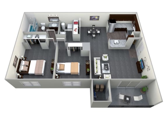 2 Bedroom 1 Bath CWM I Renovated 3D Floor Plan at The Crossings at White Marsh Apartments, Perry Hall, Maryland