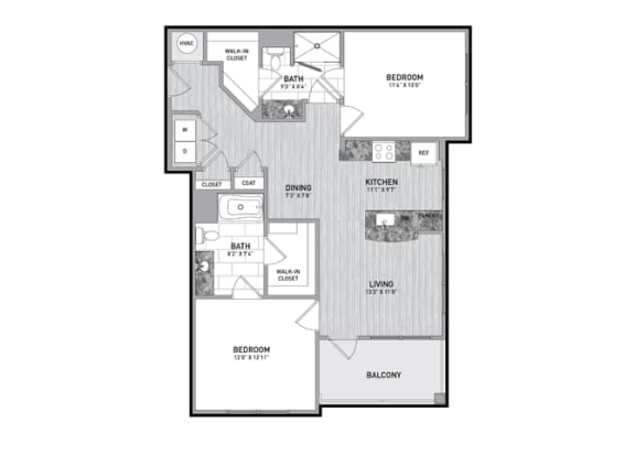 2 Bedroom 2 Bath Floor Plan at The Flats at Ballantyne Apartments, North Carolina, 28277