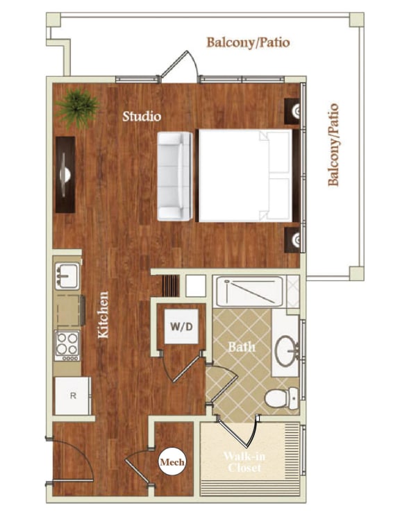 S10 Studio 636  square foot floor plan at St. Marys Square Apartments, Raleigh, NC