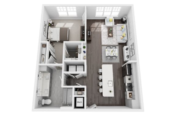 1 bed 1 bath 889sf 3d floor plan at St. Mary's Square North