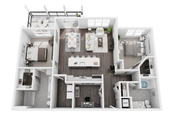 2 bed 2 bath 1338 sf 3d floor plan at St. Mary's Square North