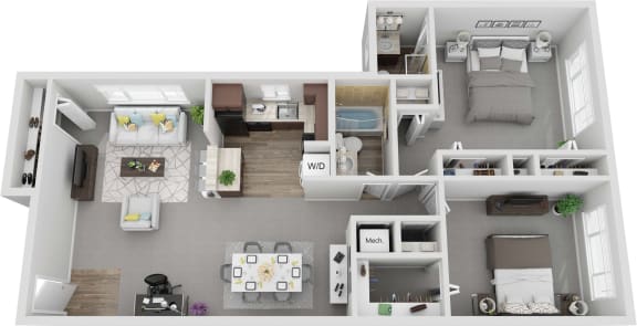 Renovated 2 Bed 2 Bath 1063sf 3D Floor Plan at Stevenson Lane Apartments, Towson, 21204
