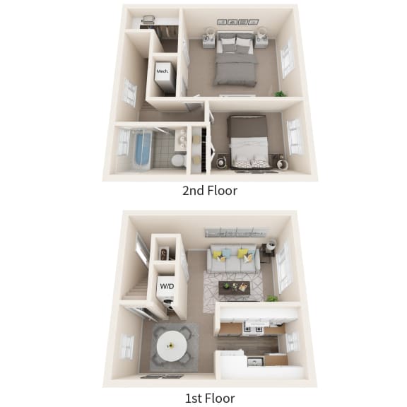 2 Bedroom 1 Bath Townhome Floor Plan at Stevenson Lane Apartments, Towson, MD