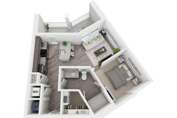 3D 613sf studio floor plan at The Flats at Ballantyne, Ballantyne, NC, 28277